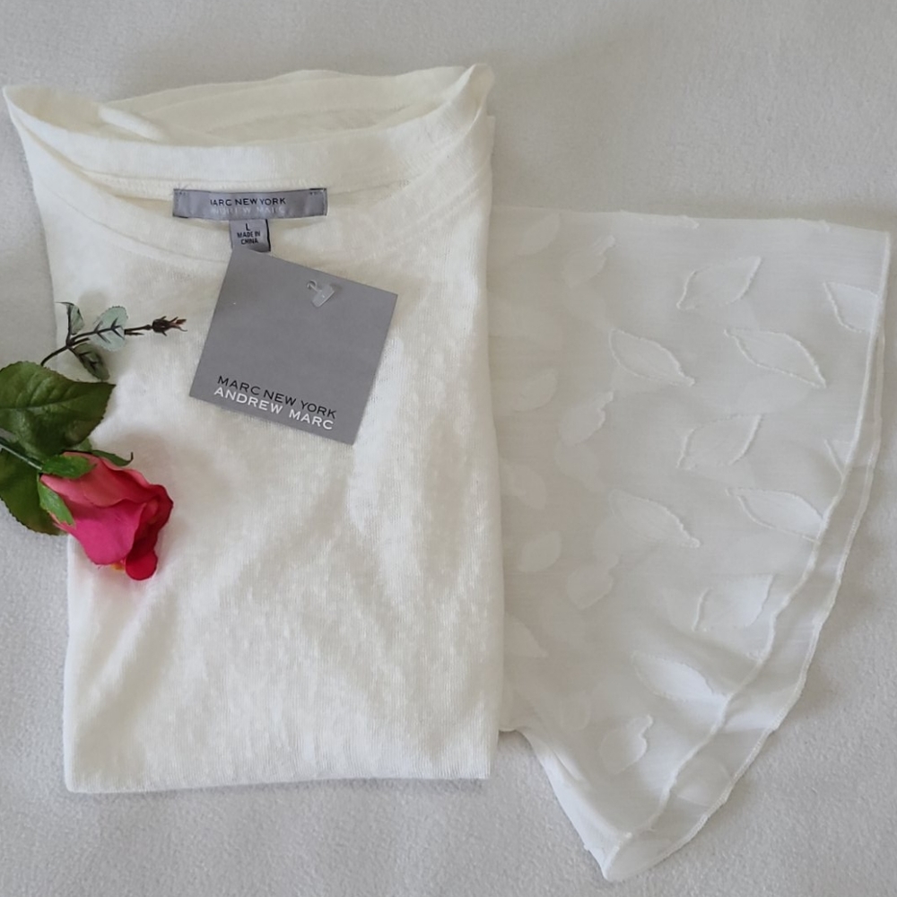 NEW White Flowy Tunic Top Organza Flutter Sleeve Andrew Marc New York Cotton Lg